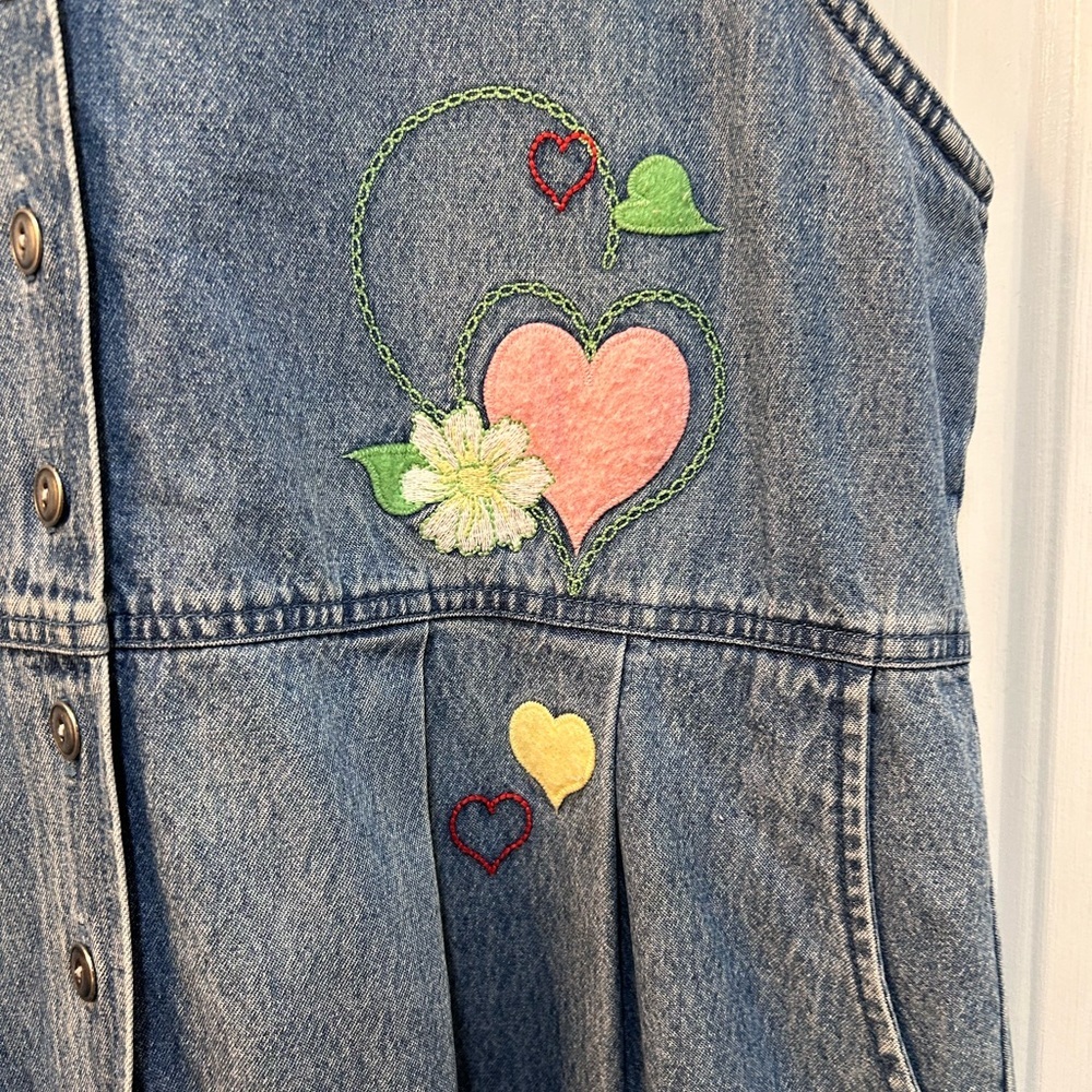 Vtg Denim Maxi Jumper Dress Sz L Embroidered Floral Heart Patch Cottage Heritage - Picture 5 of 11
